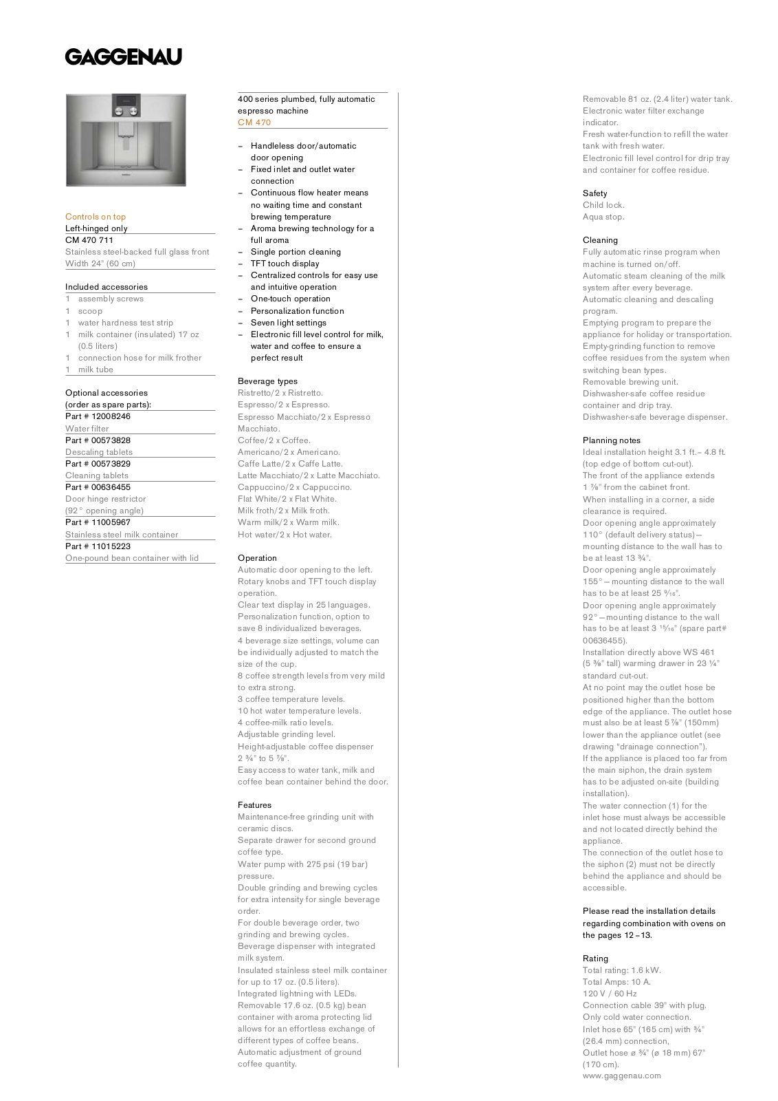 Gaggenau CM470711 Specification Sheet