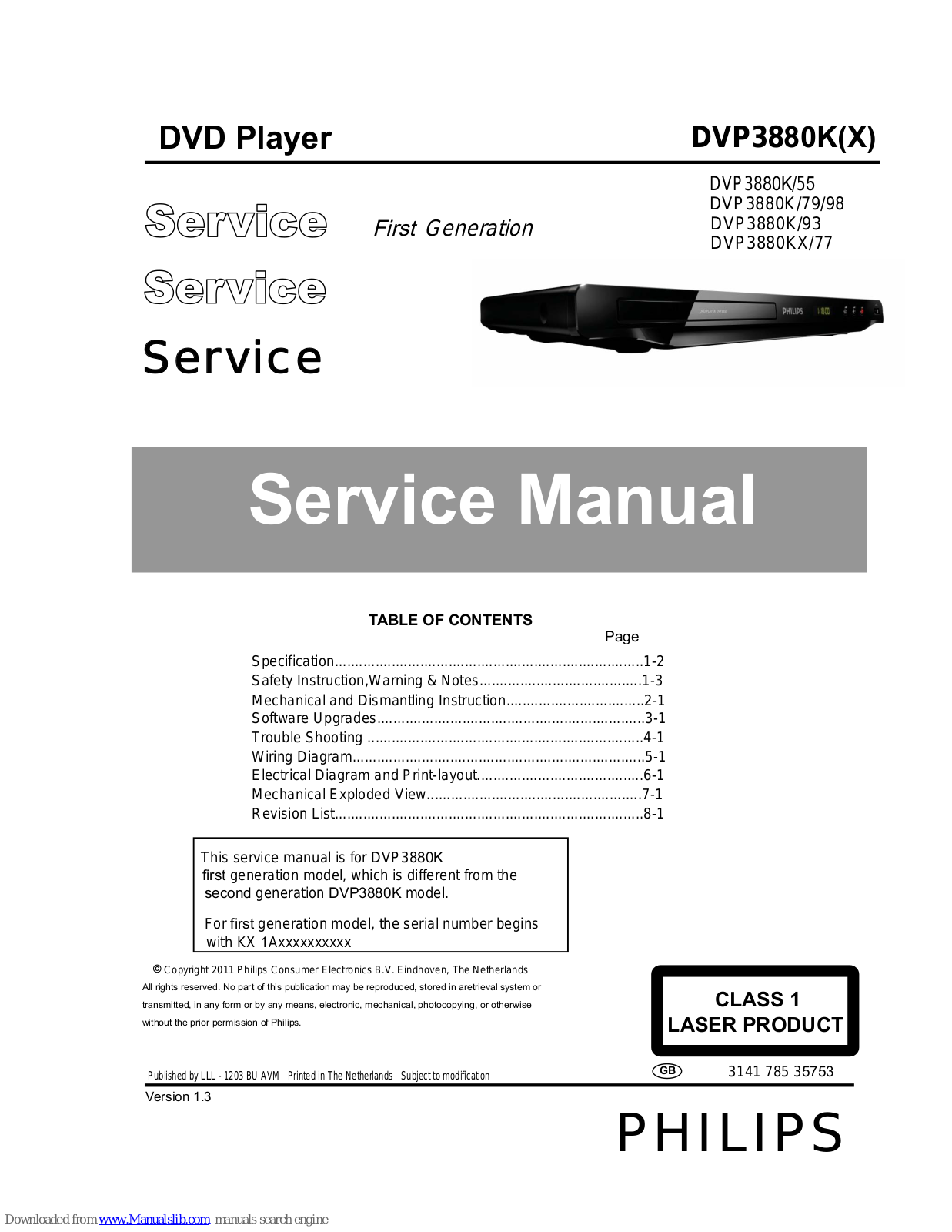 Philips DVP3880K/55, DVP3880KX/77, DVP3880K/98, DVP3880K/79 Service Manual