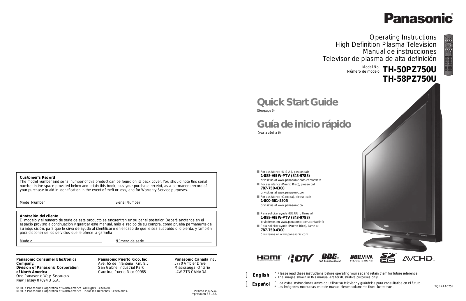 Panasonic TH-50PZ750U, TH-58PZ750U User Manual