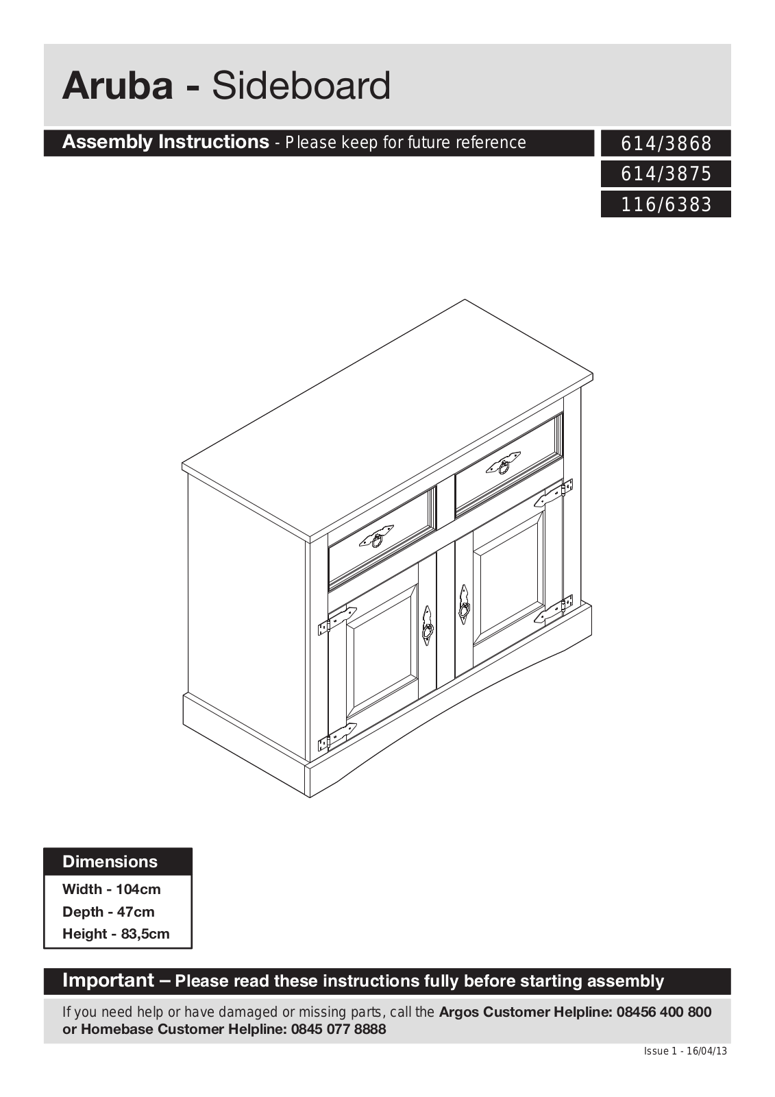 Argos Aruba - Sideboard ASSEMBLY INSTRUCTIONS