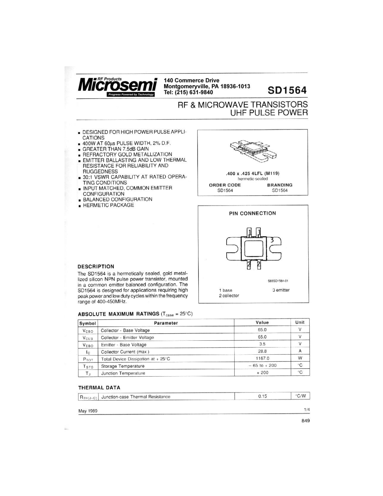 Microsemi Corporation SD1564 Datasheet