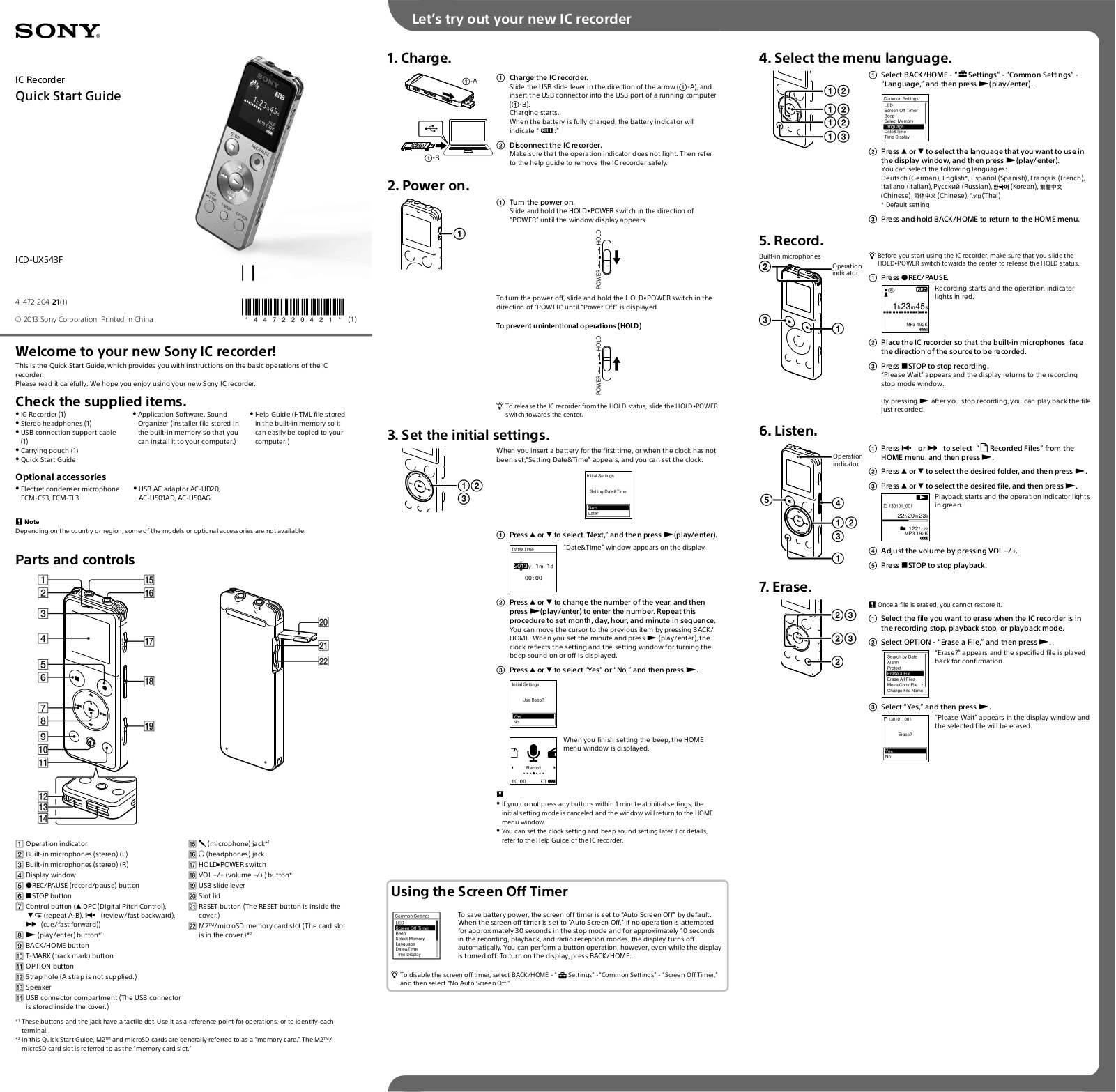 Sony ICD-UX543F Quick Start Manual