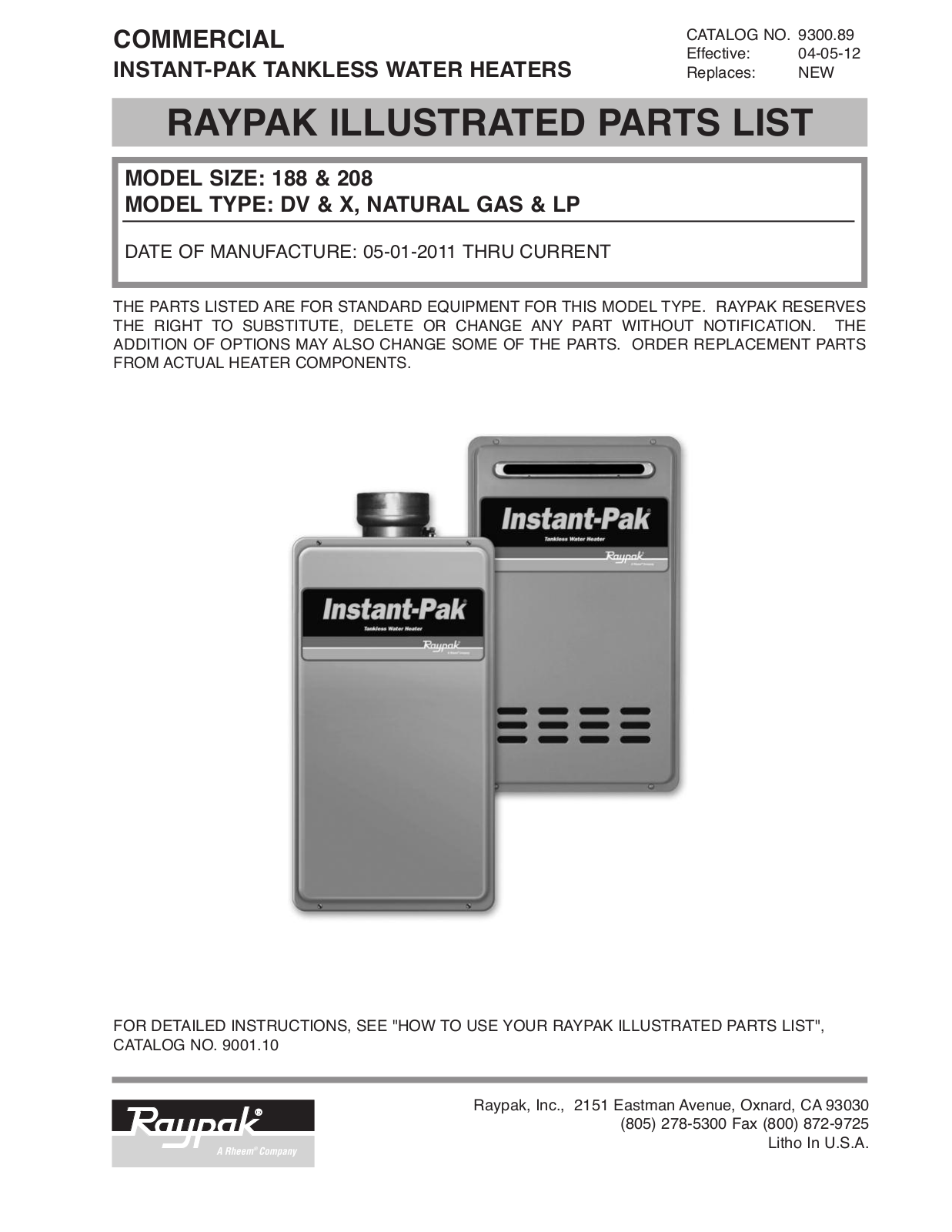 Raypak 188DV Parts List