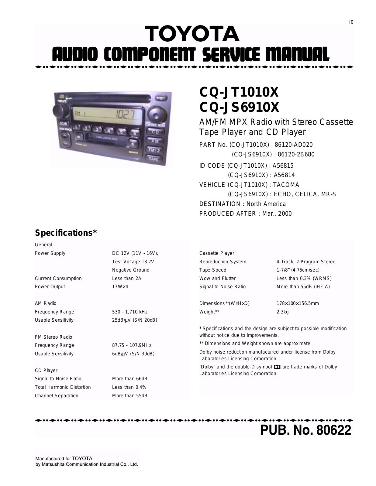 Toyota CQ-JS6910X, CQ-JT1010X Service Manual