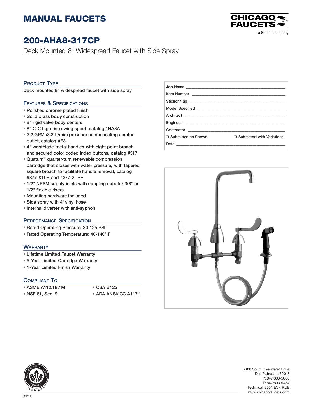 Chicago Faucet 200-AHA8-317 Specifications