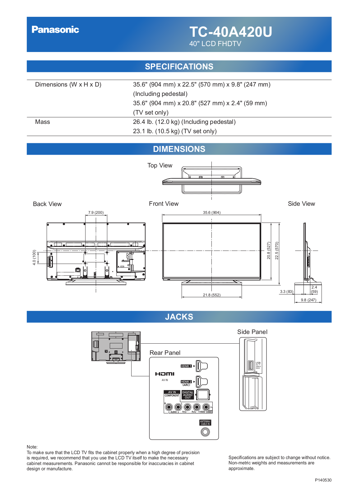 Panasonic tc-40a420 cut sheet - ManualMachine.com