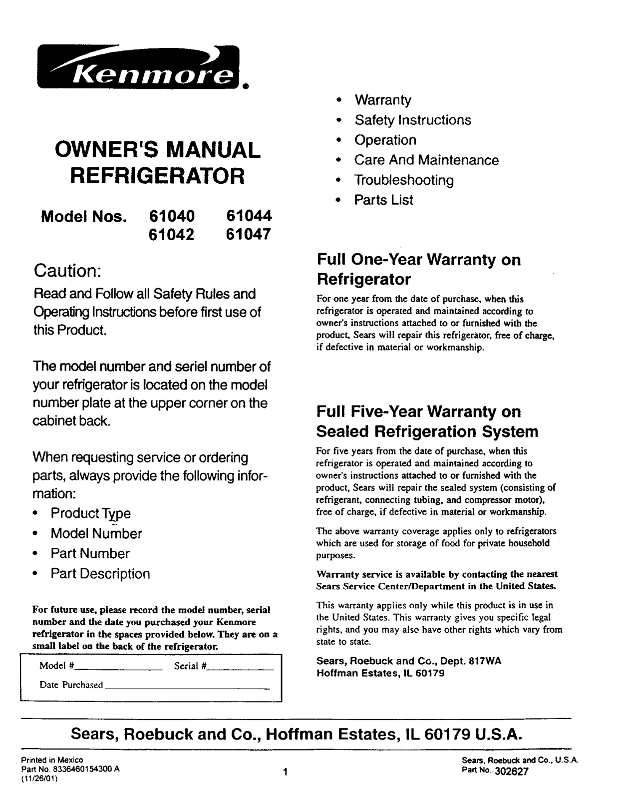 Kenmore 61040, 61044, 61042 User Manual - ManualMachine.com