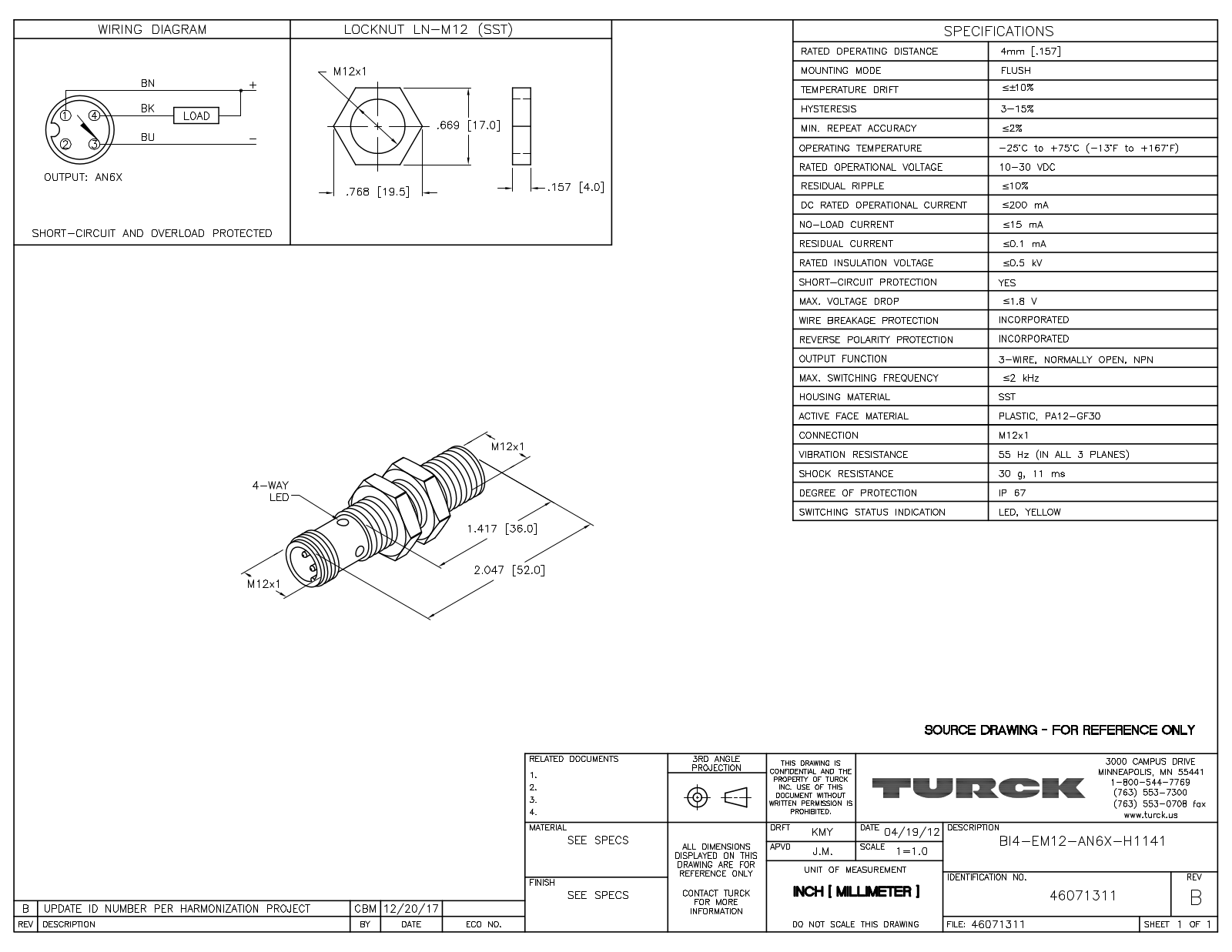 Turck BI4-EM12-AN6X-H1141 Data Sheet