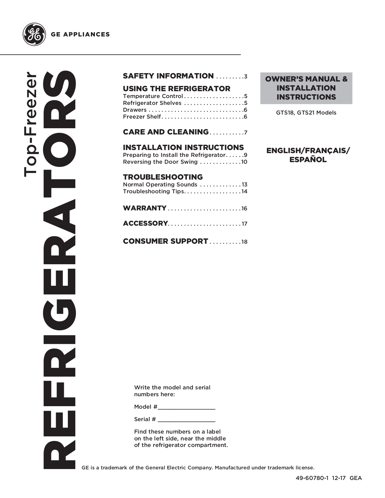 General Electric GTS18FMLES, GTS18FSLSS Installation