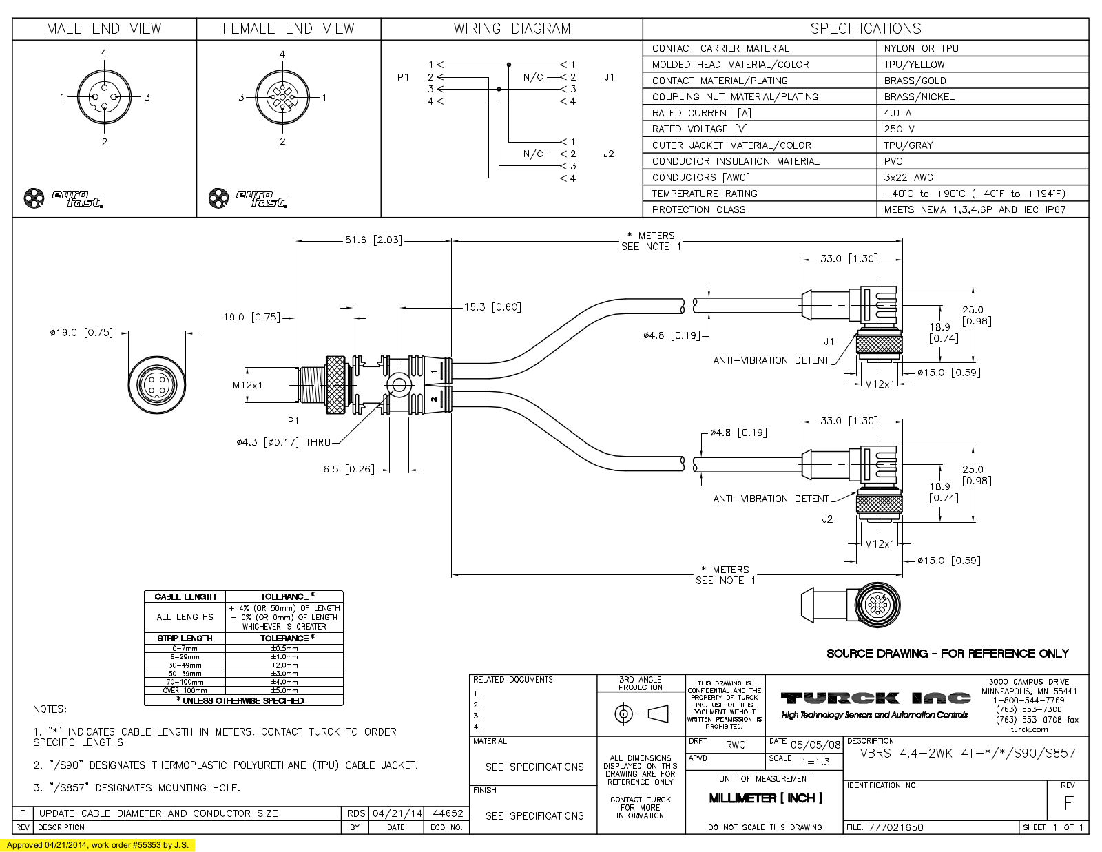 Turck VBRS4.4-2WK4T-1/1/S90S857 Specification Sheet