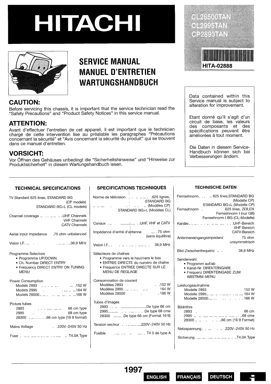 Hitachi CL28500TAN, CL2995TAN, CP2983TAN Schematic