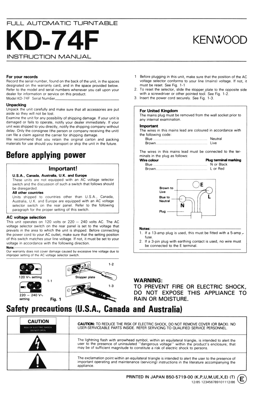 Kenwood KD-74-F Owners Manual