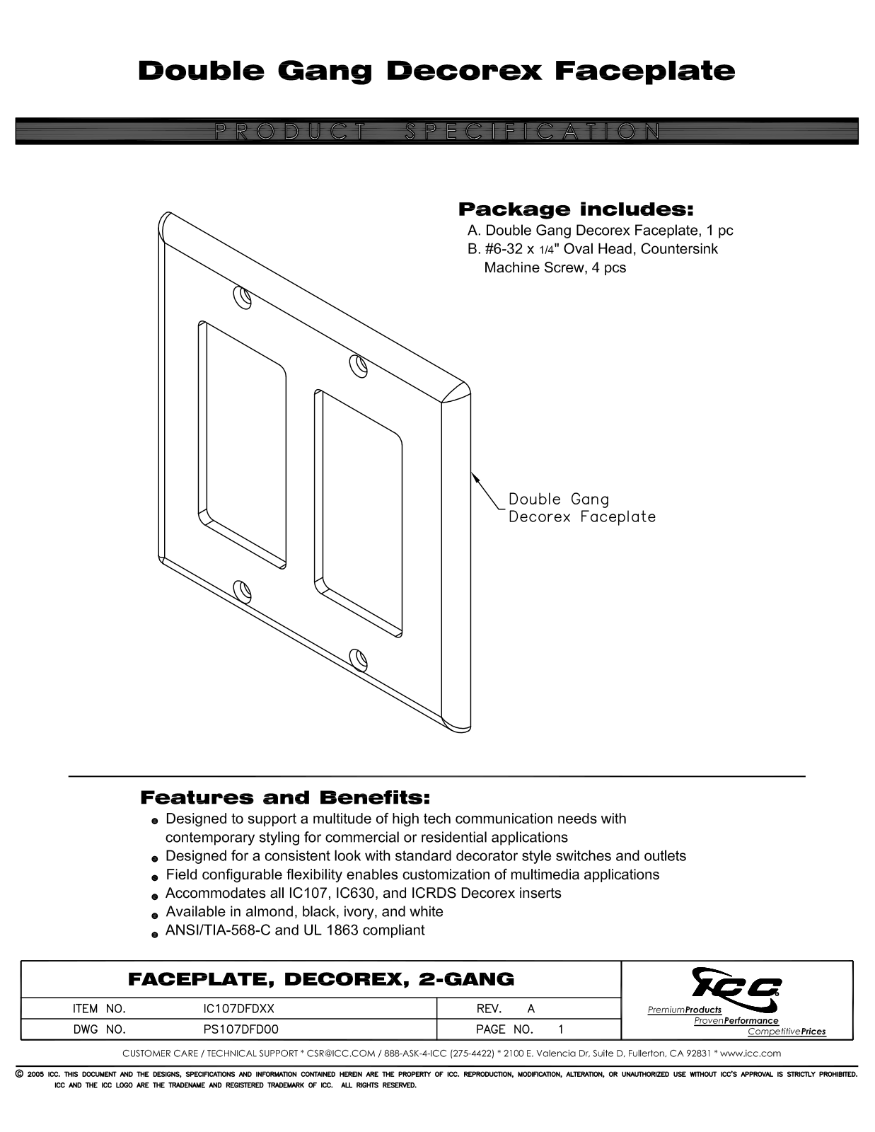 ICC IC107DFDAL, IC107DFDBK, IC107DFDIV, IC107DFDWH Specsheet