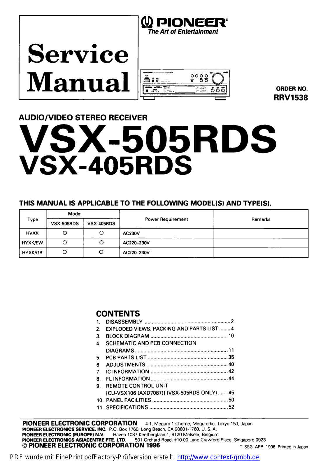 Pioneer VSX-505-RDS Service manual