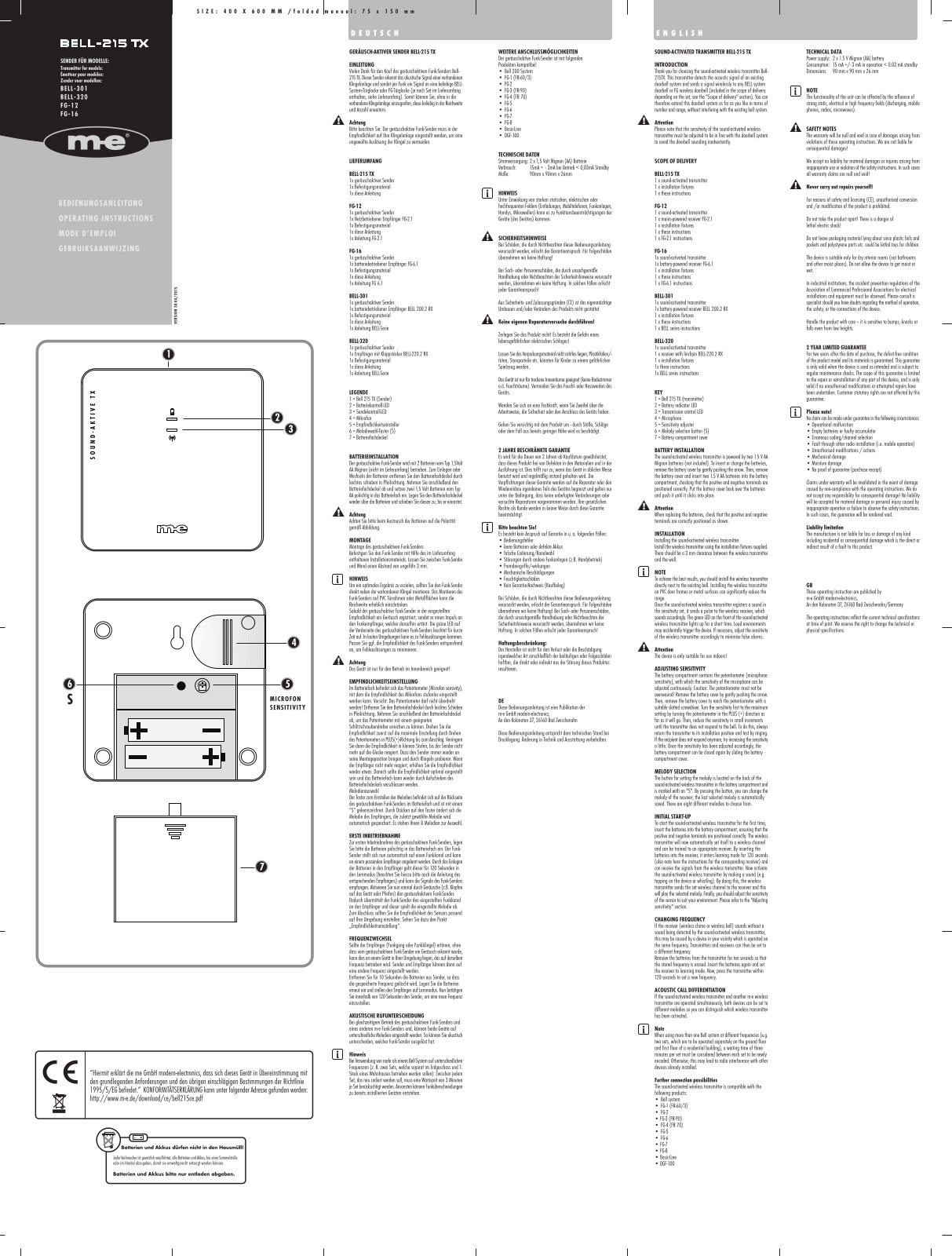 m-e modern-electronics Bell-301, Bell-320, FG-12, FG-16 Operating Instructions