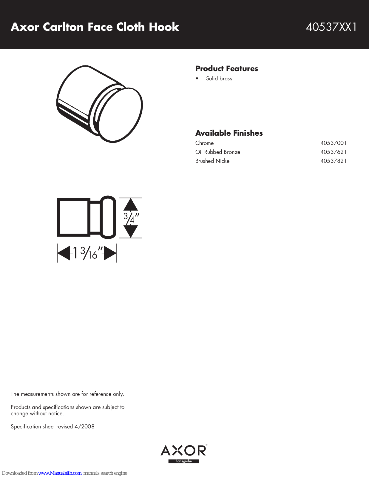 Hansgrohe 40537001, 40537621, 40537821 Specification Sheet