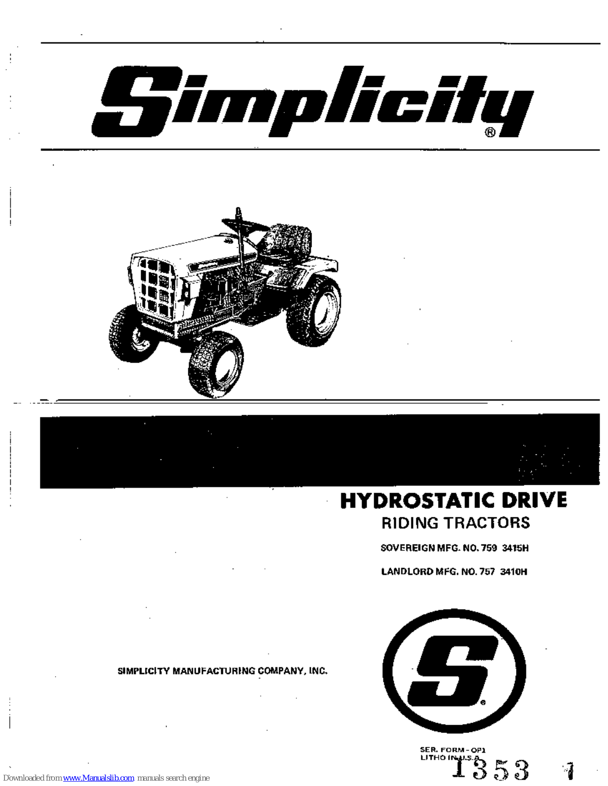 Simplicity Landlord 757 3410H, Sovereign 759 3415H Owner's Manual