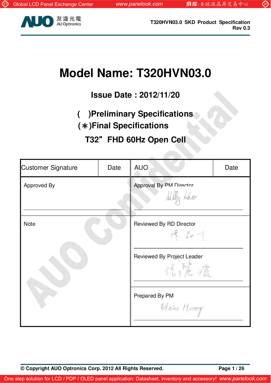 AUO T320HVN03.0 Specification - ManualMachine.com