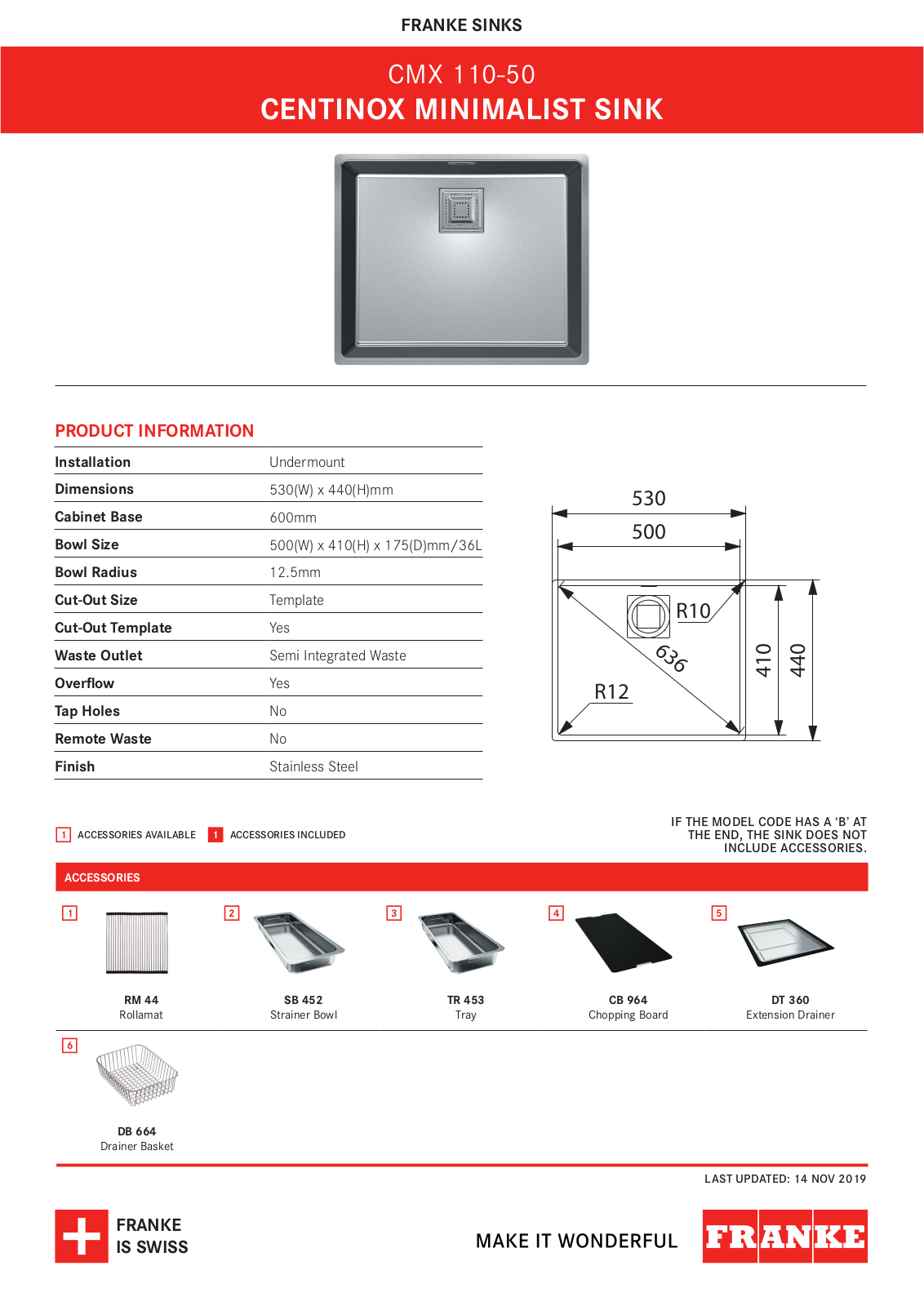 Franke CMX110-50 Specifications Sheet