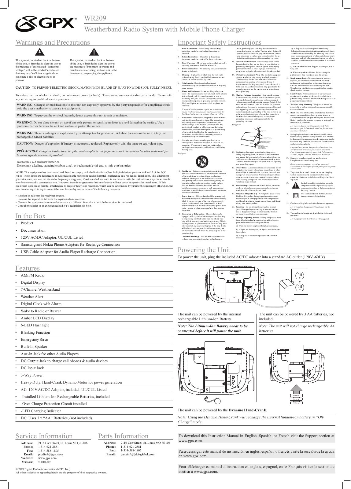 GPX WR209 Instruction Manual