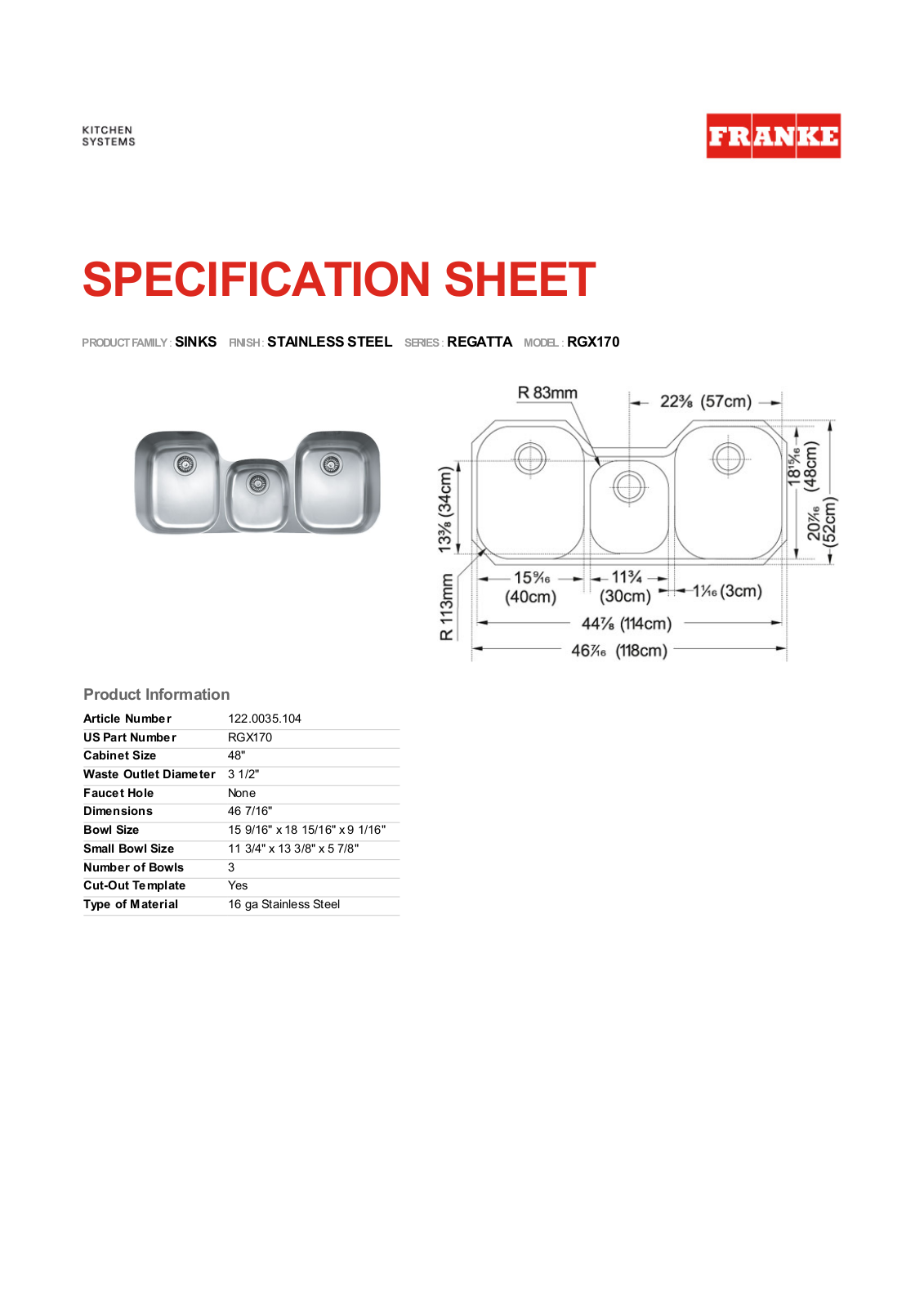 Franke Foodservice RGX170 User Manual