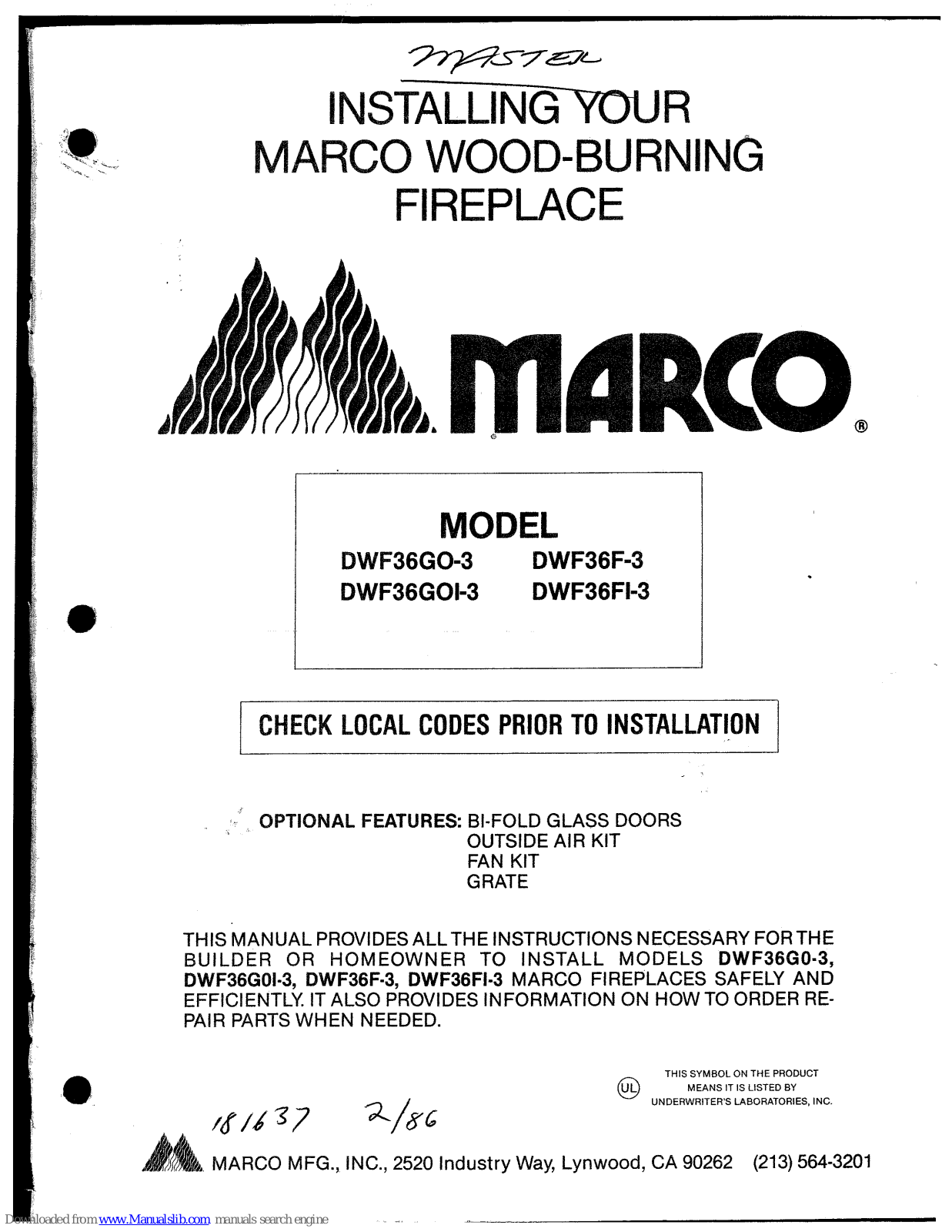 Marco DWF36GO-3, DWF36F-3, DWF36GOI-3, DWF36FI-3 Installation Manual