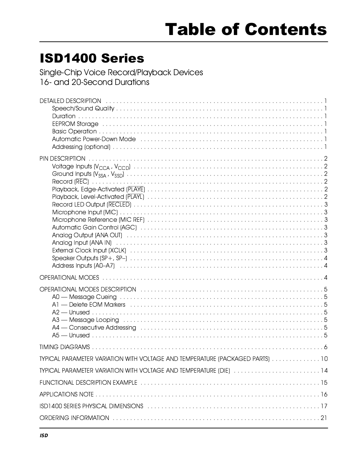 ISD ISD1420SI, ISD1420S, ISD1420PI, ISD1420P, ISD1416S Datasheet