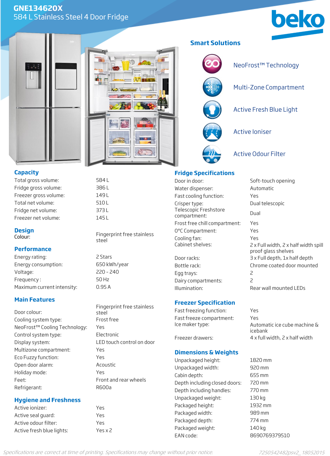 Beko GNE134620X Specifications Sheet