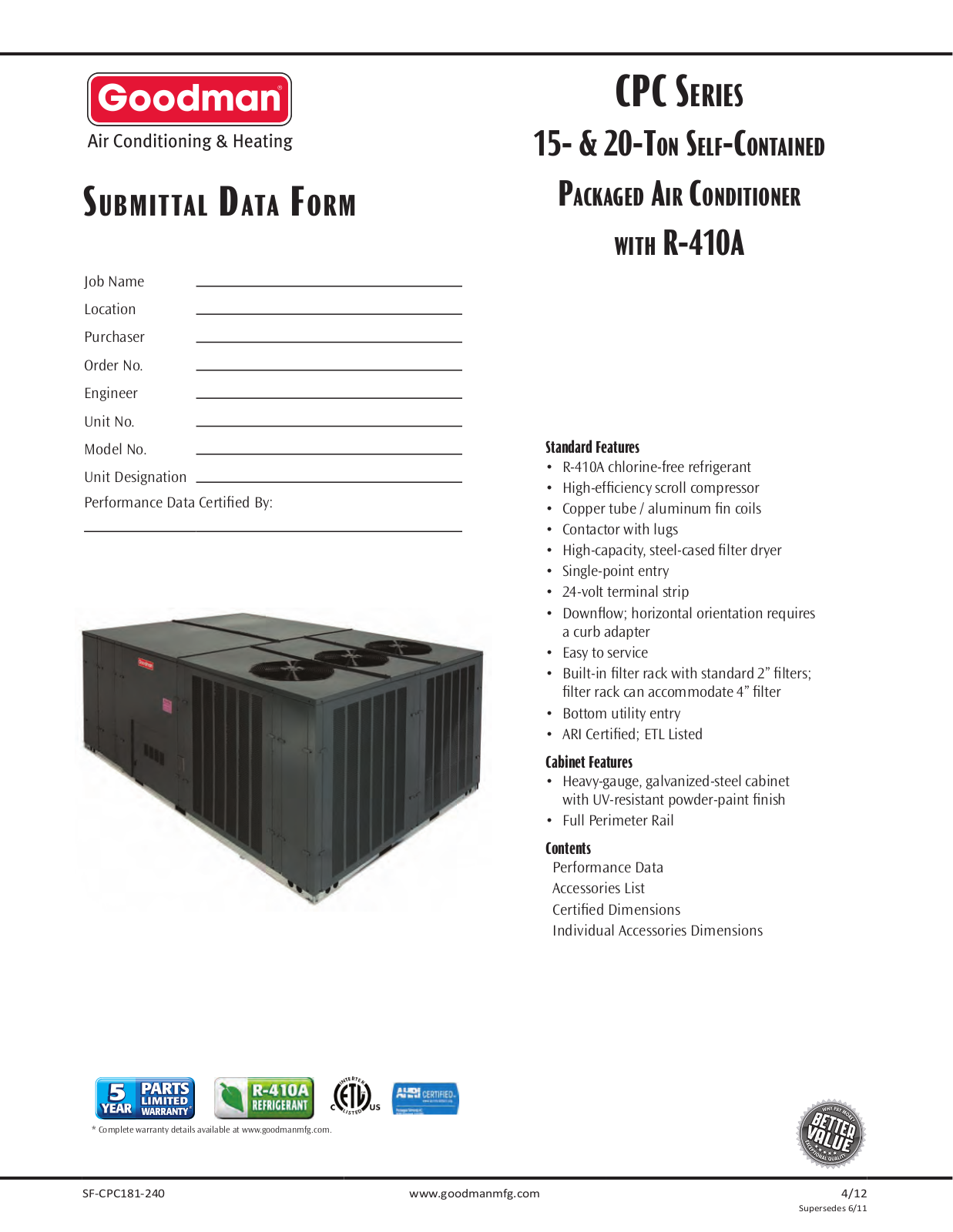 Goodman Mfg SF-CPC181-240 User Manual