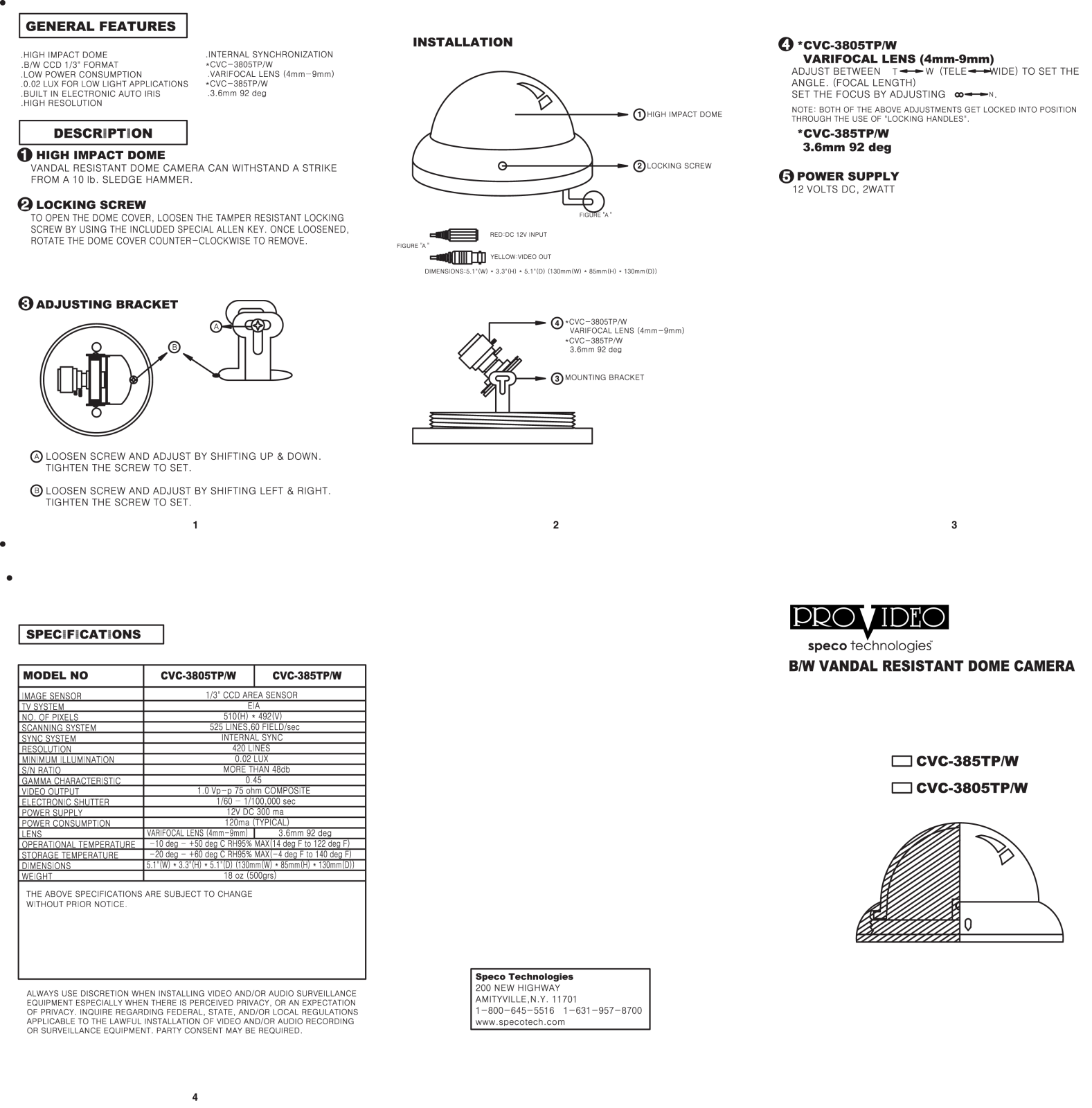 Speco Technologies CVC-3805TP-W, CVC-385TP-W User Manual