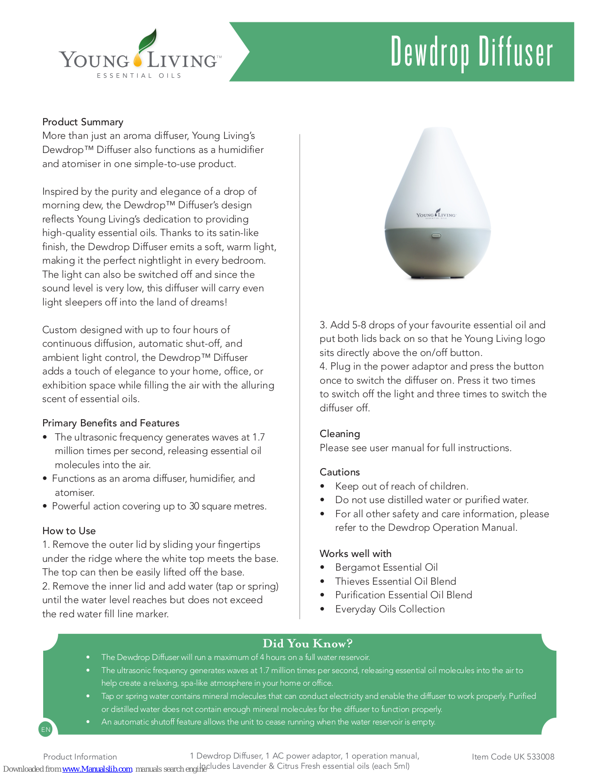 Young Living Dewdrop Diffuser User Manual - ManualMachine.com