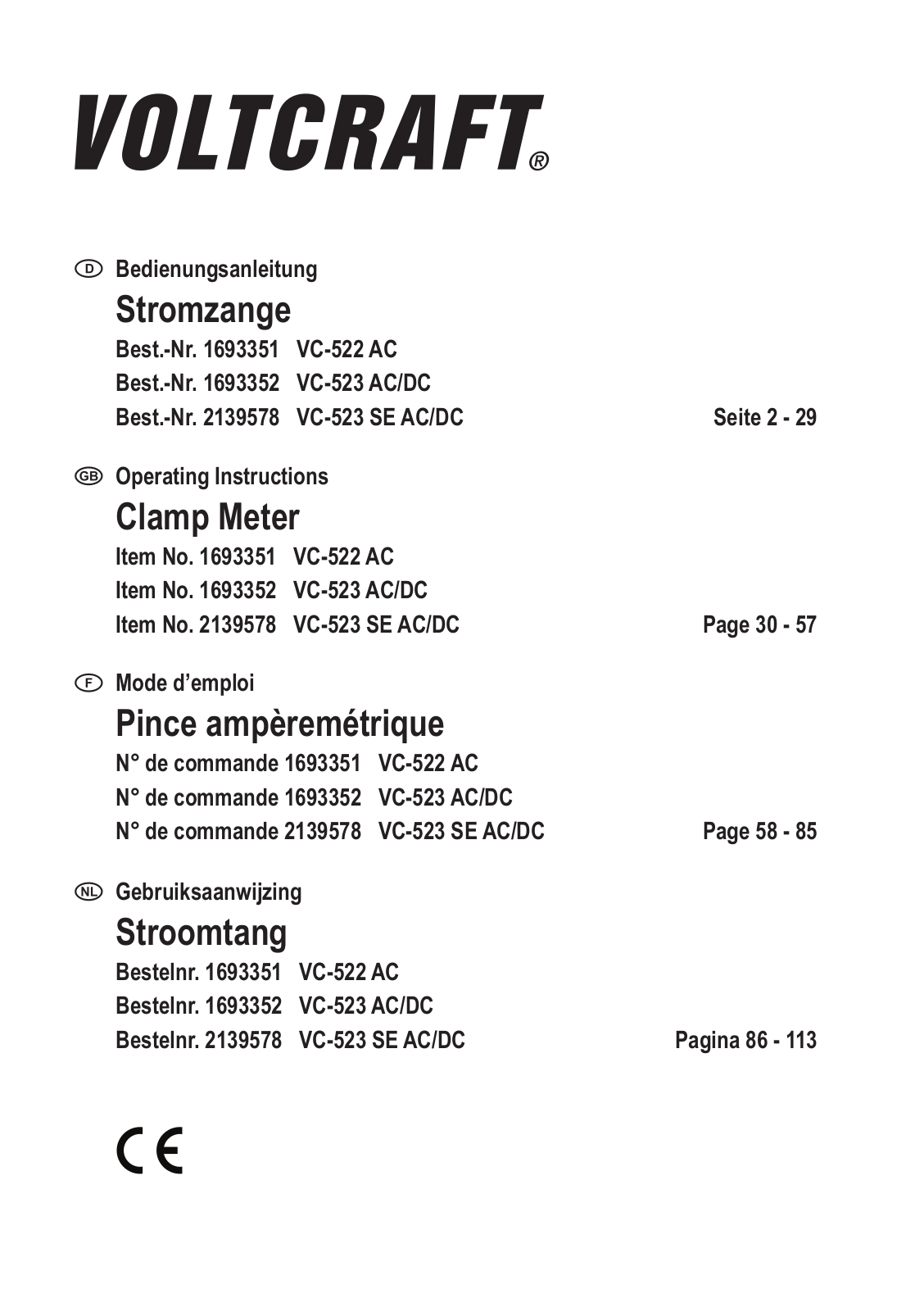 VOLTCRAFT VC-8466755, VC-522 AC, VC-523 AC/DC, VC-523 SE AC/DC User guide