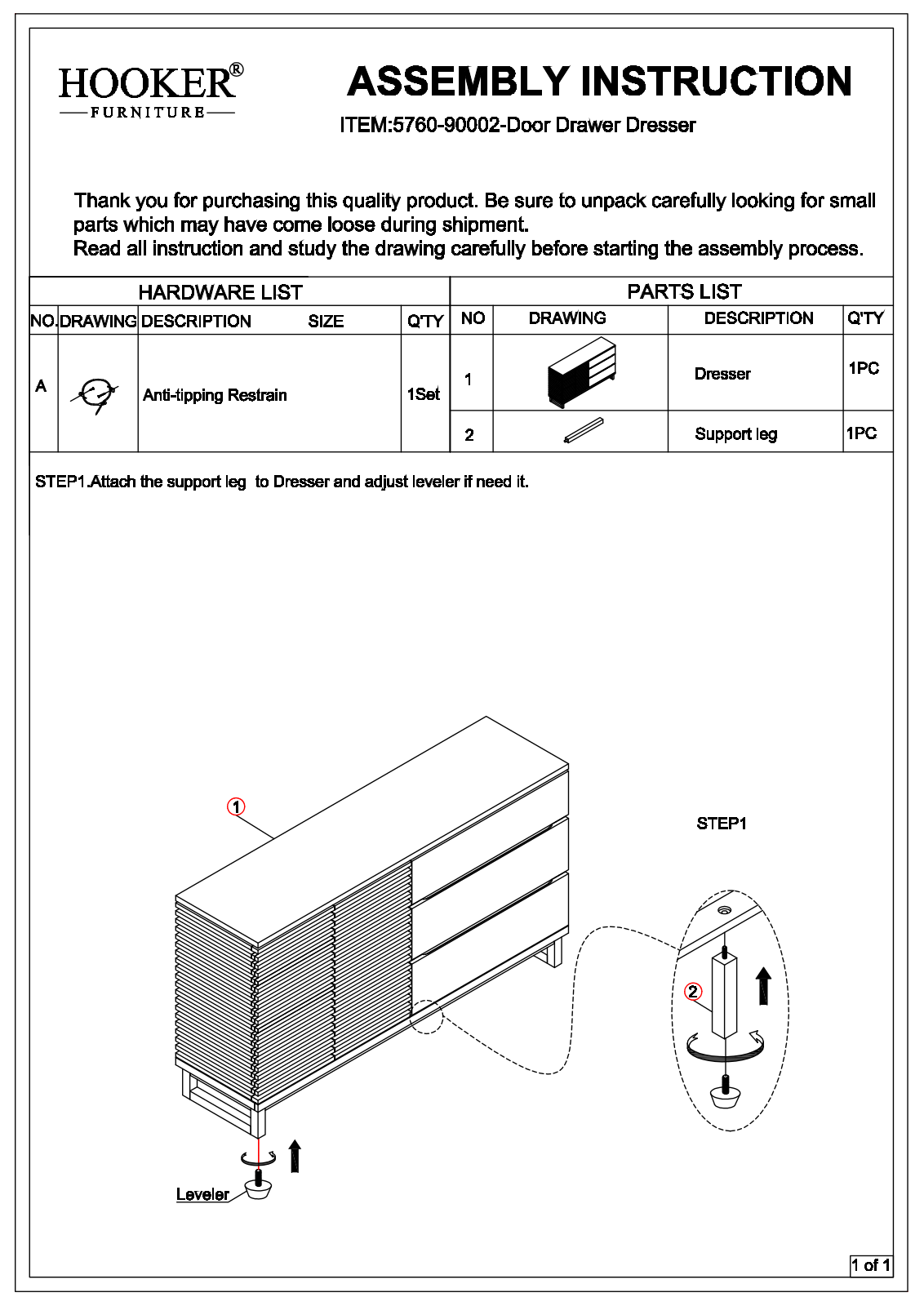 Hooker Furniture 57609000280 Assembly Guide