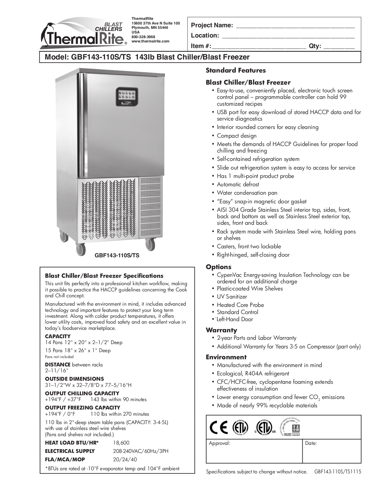 ThermalRite GBF143-110S-TS User Manual