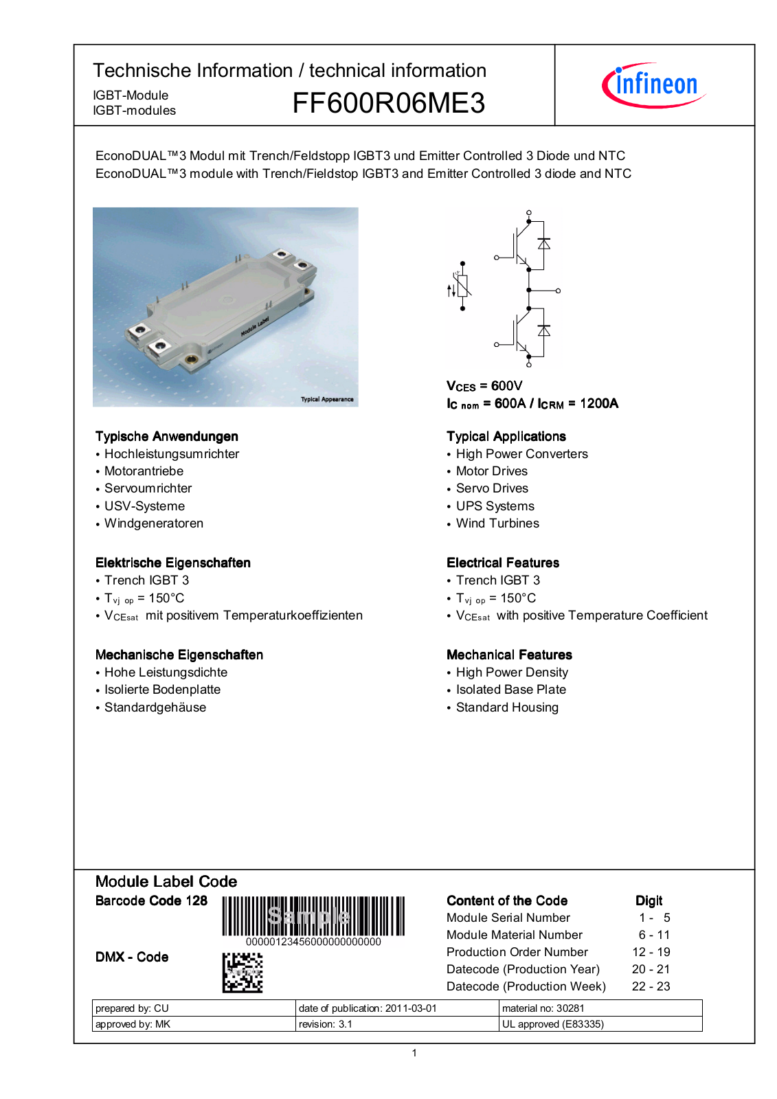 Infineon FF600R06ME3 Data Sheet