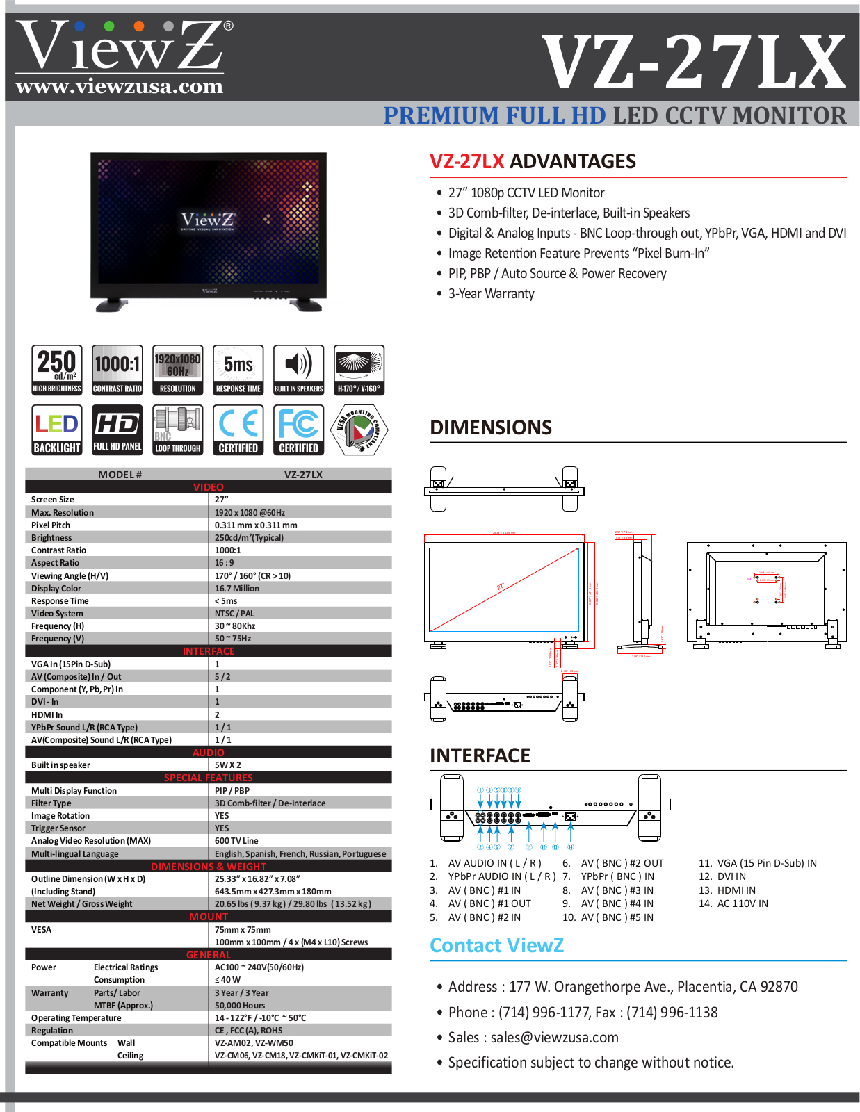 ViewZ VZ-27LX Specsheet