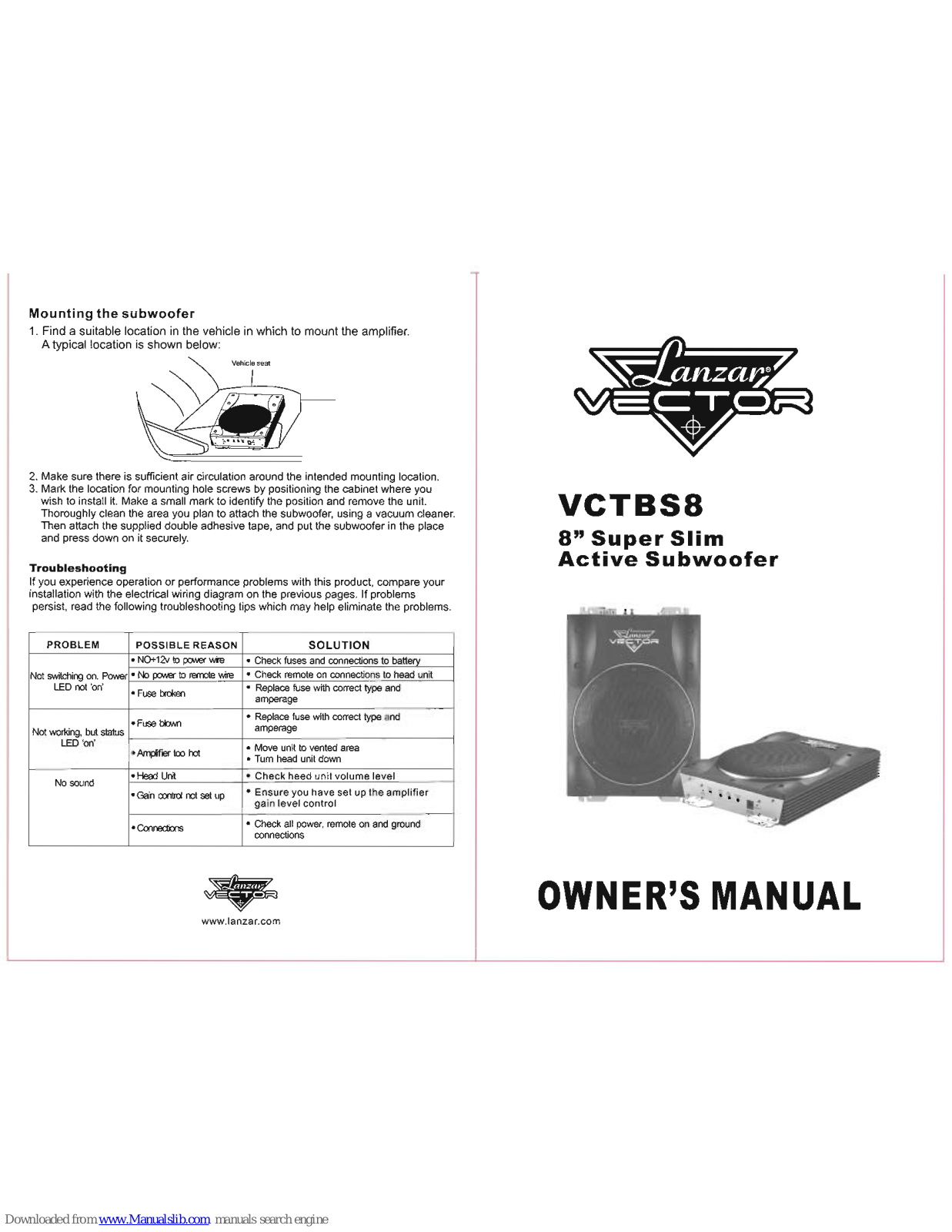 Lanzar Vector VCTBS8 Owner's Manual - ManualMachine.com