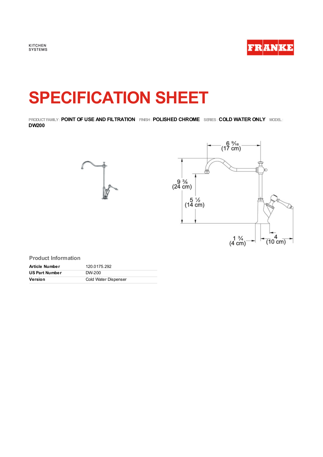 Franke Foodservice DW200 Specification