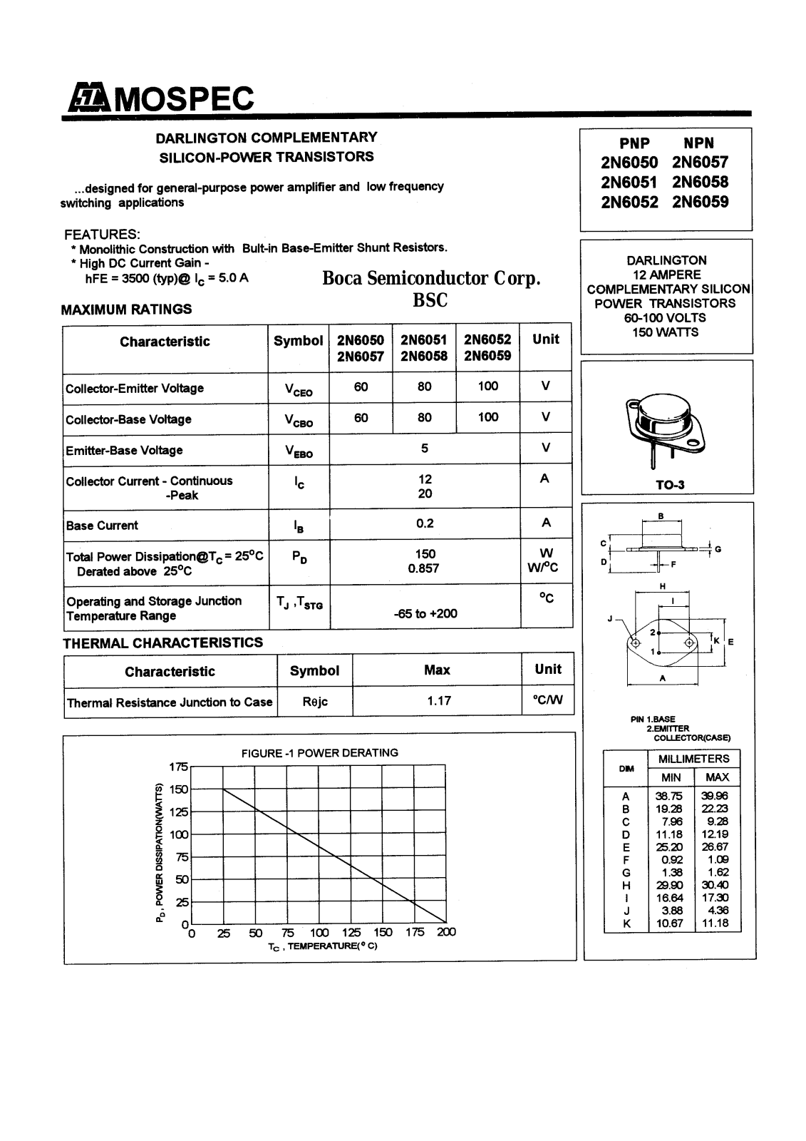 BOCA 2N6059, 2N6058, 2N6057, 2N6052, 2N6051 Datasheet