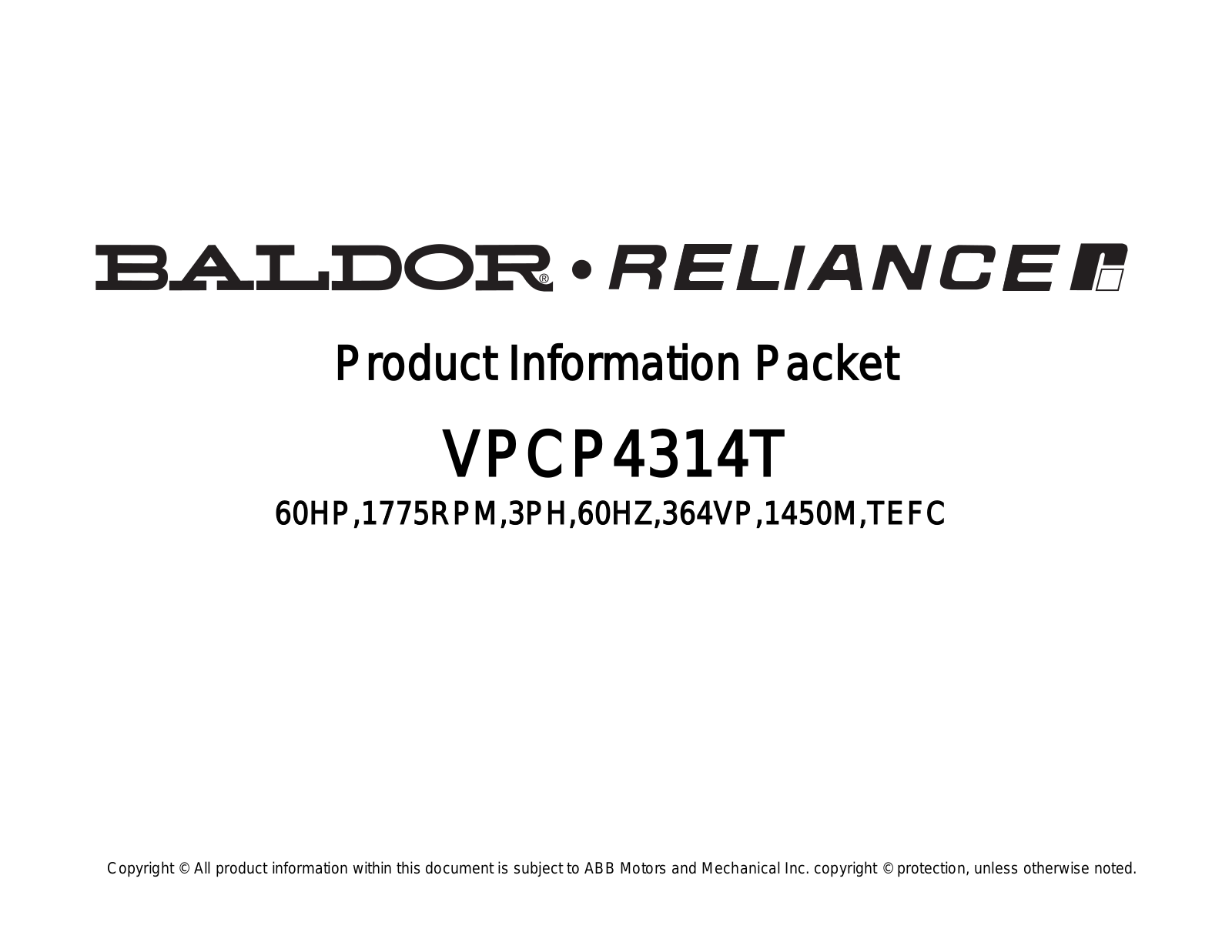 Baldor VPCP4314T Product Information Sheet