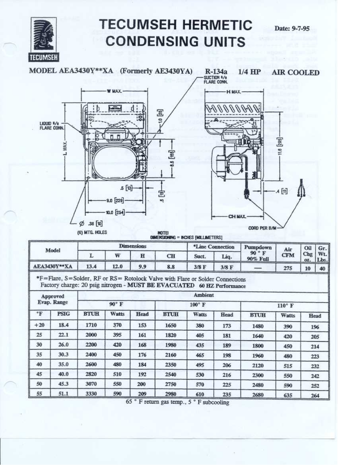 Tecumseh AEA3430YXAXA Performance Data Sheet