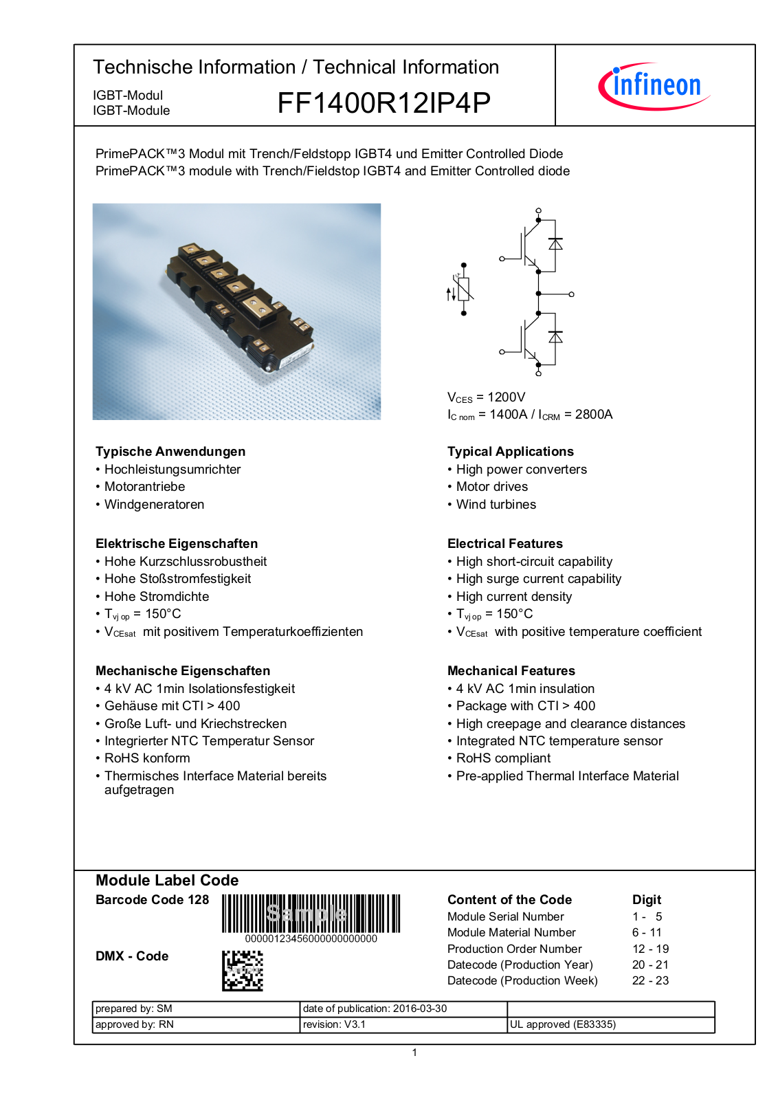 Infineon FF1400R12IP4P Data Sheet