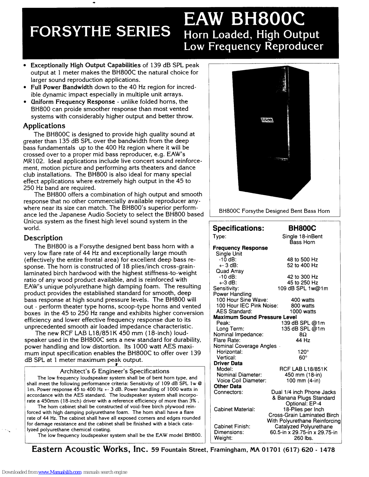 EAW BH800C Specifications