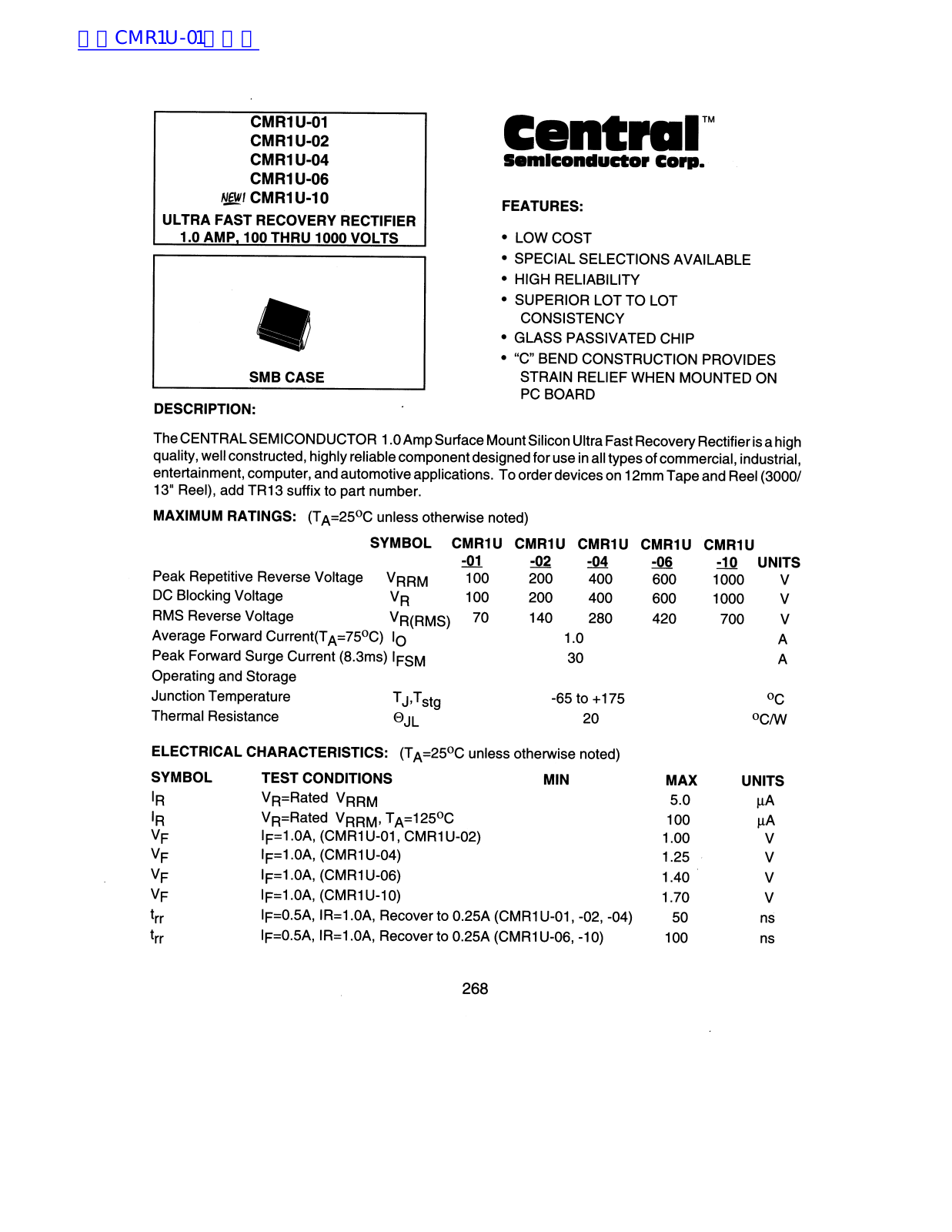 Central CMR1U-01, CMR1U-02, CMR1U-04, CMR1U-06, CMR1U-10 Service Manual