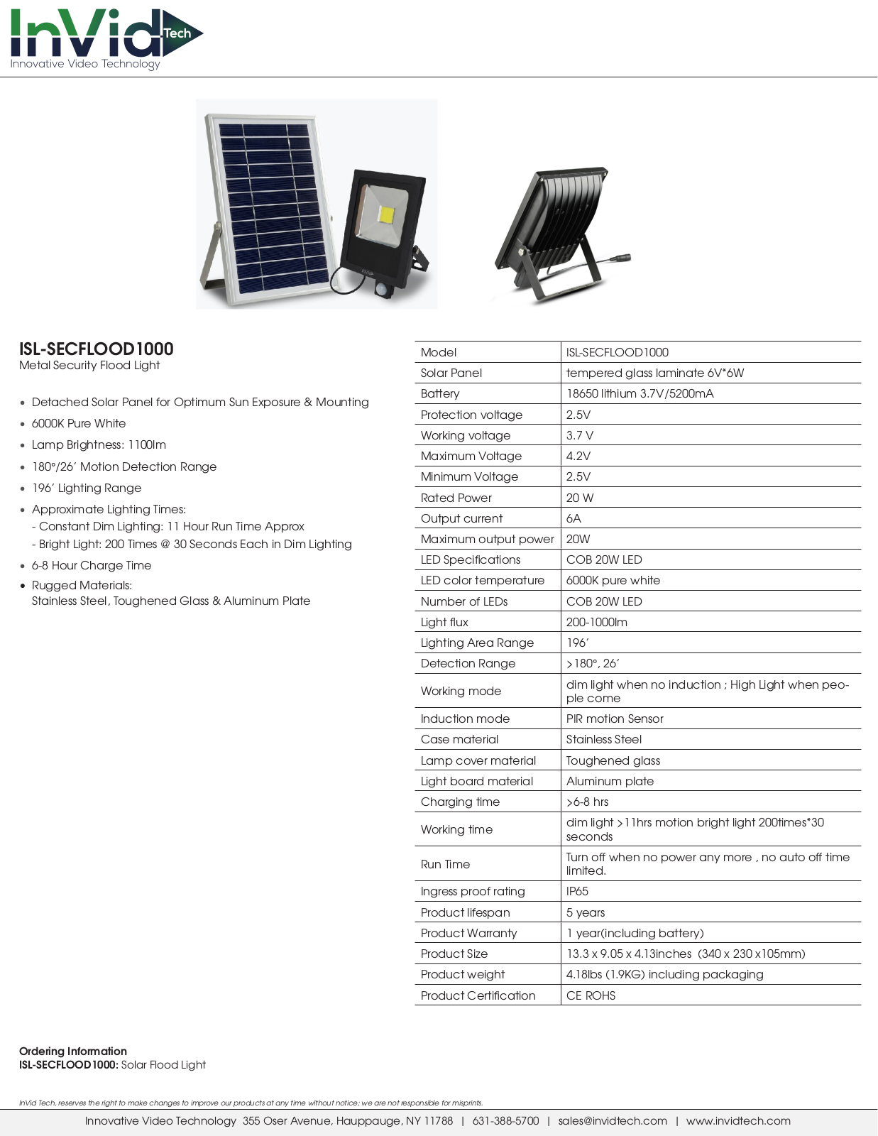 InVid ISL-SECFLOOD1000 Specsheet