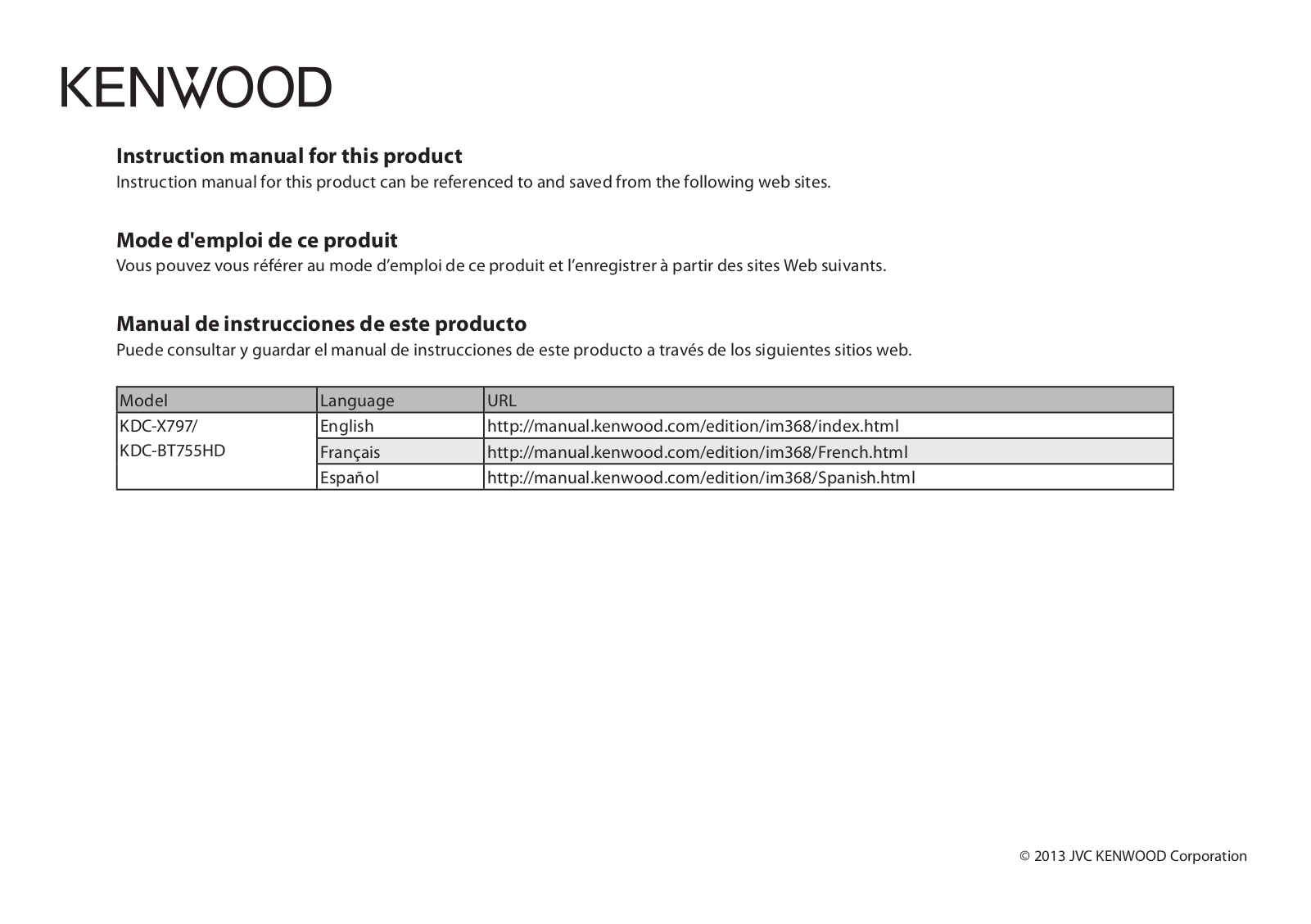 Kenwood KDC-X797, KDC-BT755HD User Manual