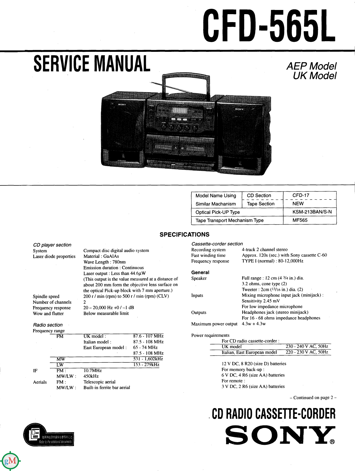 Sony CFD-565L Schematic