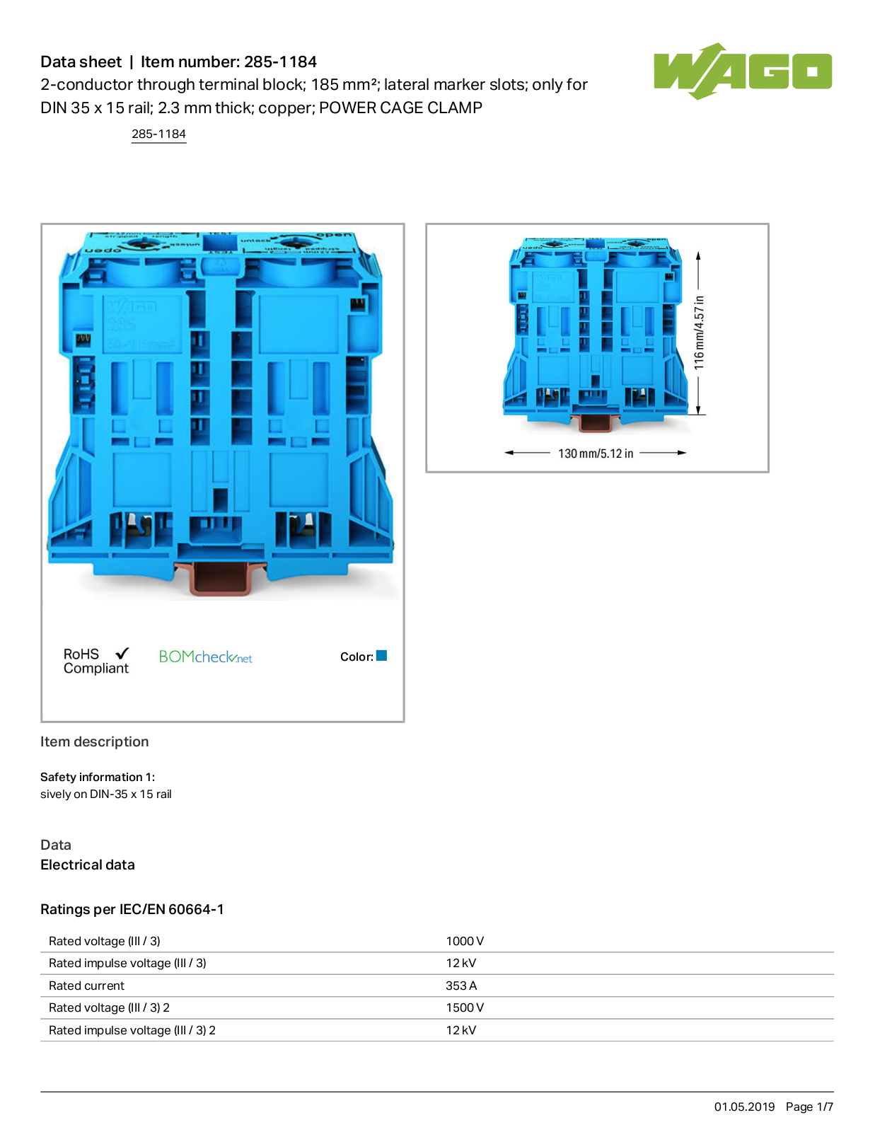 Wago 285-1184 Data Sheet