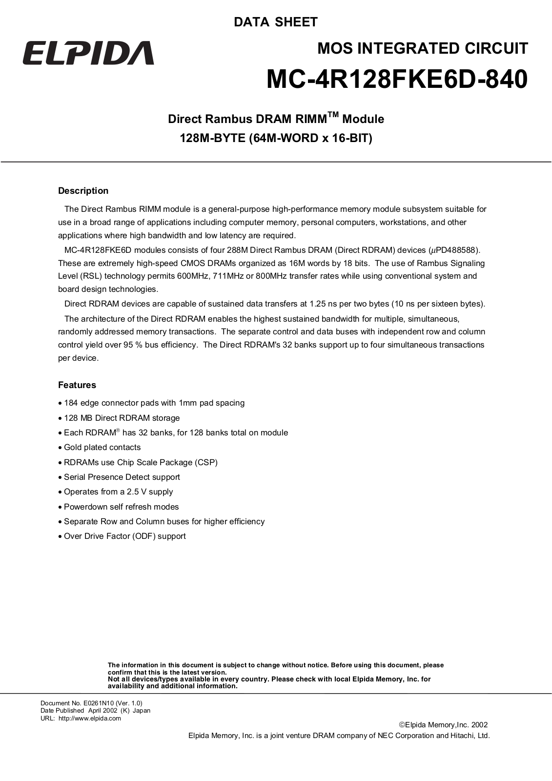 ELPIDA MC-4R128FKE6D-840 Datasheet