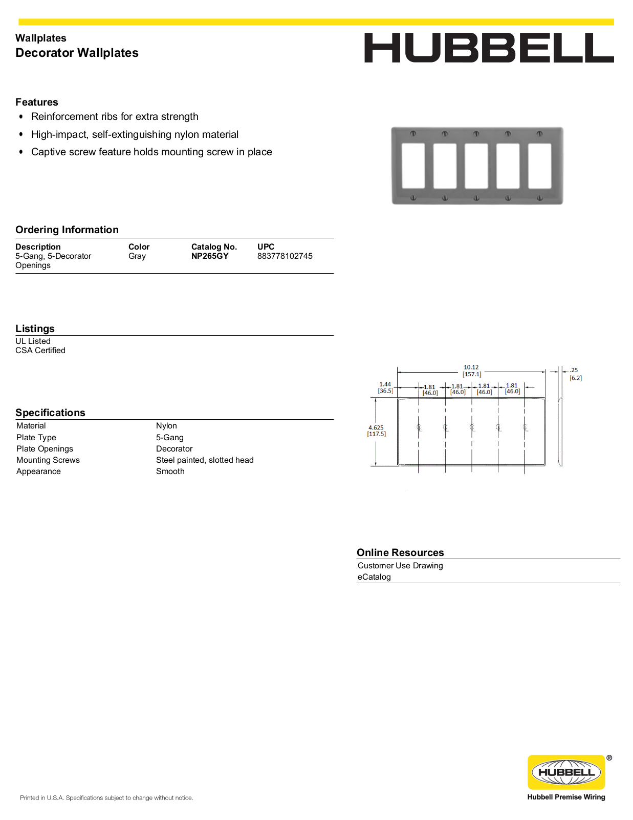 Hubbell NP265GY Specifications